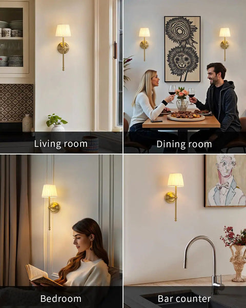 Legit Dope Gold Cordless Wall Sconces Set Of Two With Soft Beige Fabric And Warm LED lighting in various rooms.