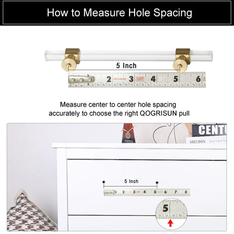 5 Pack Acrylic Cabinet Pulls With Brass Base Crystal Clear Glass Handles In Gold Finish, 5 Inch Center to Center Hole Measurement Guide