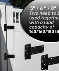 Black 6 Inch Heavy Duty Gate Hinges 280 Lbs Capacity installed on white gate, emphasizing solid steel construction and durability for outdoors.