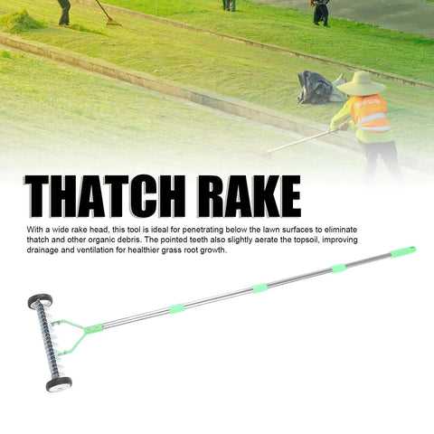 Beefy Heavy Duty Lawn Thatching Rake With Roller Design for effortless dead grass removal and soil loosening, 15 inch wide