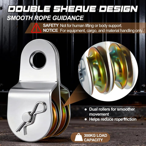 Six Piece Double Sheave Fixed Pulley Block Cable Roller Set With 660 Lbs Capacity Galvanized Steel Heavy Duty Pulley Wheels For Home Gyms Boats Mining Garages Pulldown Clotheslines, double-sheave pulley