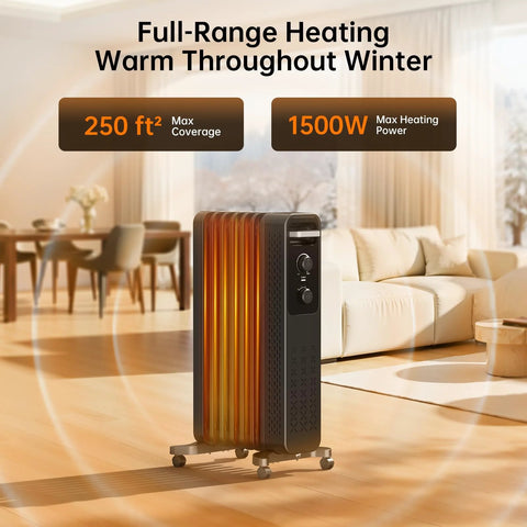 Front view of ZAFRO 1500W oil-filled radiator heater on caster wheels, black with amber fins in living room