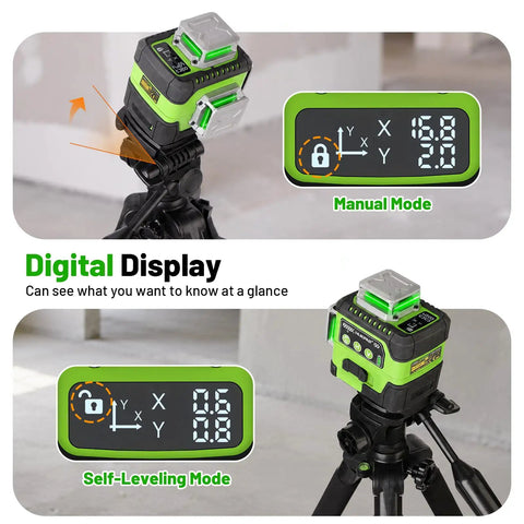 Self Leveling Laser Level With LCD Display And Rechargeable Battery, Three 360 Degree High Brightness Beams For Construction And Picture Hanging, Pro Grade Tool For DIYers, Includes Magnetic Bracket And Hard Carry Case Y03CG on tripod