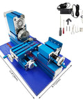 IntXanth All-Metal Mini Wood Lathe Machine Spinning At 20000Rpm For Precision Hobbyist Carving on a blue base with tools.