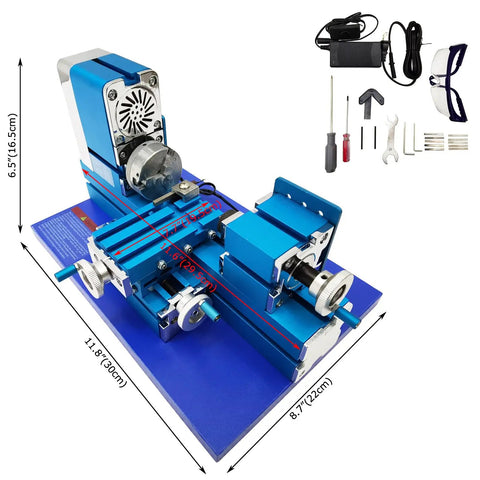 IntXanth All-Metal Mini Wood Lathe Machine Spinning At 20000Rpm For Precision Hobbyist Carving on a blue base with tools.