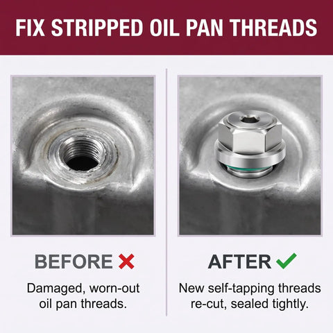 M14.1-1.5 Oversize Piggyback Oil Drain Plug Bolt Kit With Rethread Tool Plus Hex Wrench And O-Rings For Universal Automotive Trucks And SUVs Stainless Steel Self Tapping Design before and after stripped oil pan threads repair