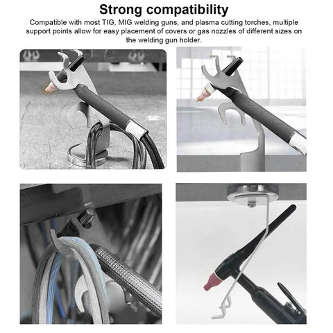 MIG Welding Torch Holder With Strong Magnetic Base And Heavy Duty Anti Slip Stand, showing torch secured on a steel surface.