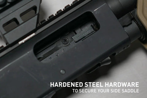 Close-up of mounting hardware for Side Saddle 12 Gauge Shotgun Shell Holder For Maverick 88 And Mossberg 500 590 Shockwave Easy Pin Install