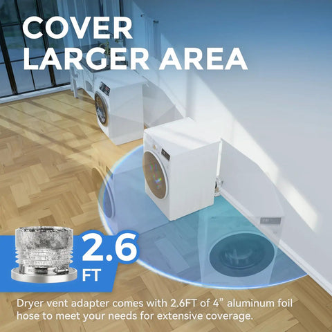 Magnetic Dryer Vent Coupling Kit With Airtight Seal Quick Connect Dryer Vent Connector showing 2.6Ft aluminum foil hose and dryer layout