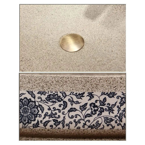 USZWBY Vessel Sinks Bathroom Vessel Sink Art Countertop Basin Chinese Style Ceramic Washbasin with Faucet Combination Bathroom Bowl Sink top view with central drain and decorative edge.