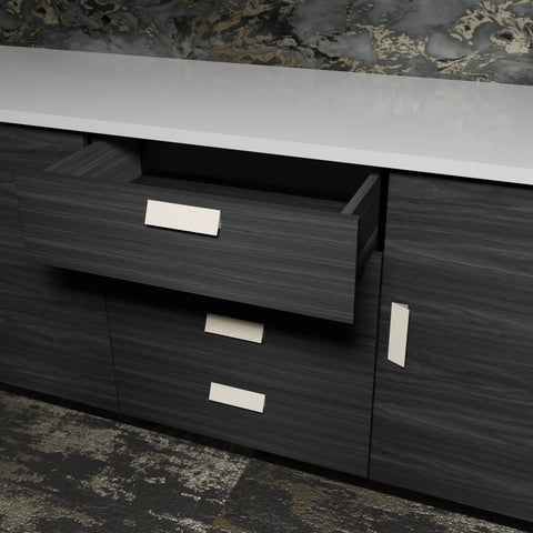 No Sweat Peel And Stick Finger Pull Handles For Cabinets, Screwless Adhesive Drawer Knobs That Bond To Glass Wood Or Metal, Zero Hassle Kitchen Furniture Hardware, Fast Install, 2 Pack displayed on modern black cabinet with open drawer.