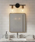 Dual Matte Black Wall Sconce Lights For Bathrooms With Clear Glass Shades And Antique Brass Finish above mirror
