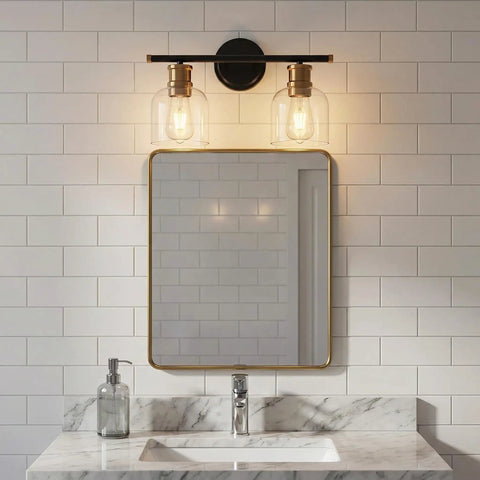Dual Matte Black Wall Sconce Lights For Bathrooms With Clear Glass Shades And Antique Brass Finish above mirror