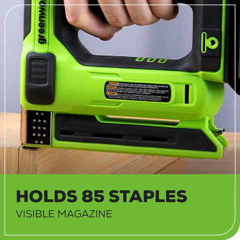 Close-up of 24V Crown Stapler with visible magazine, lightweight, cordless, used for trim, upholstery, and woodworking projects.