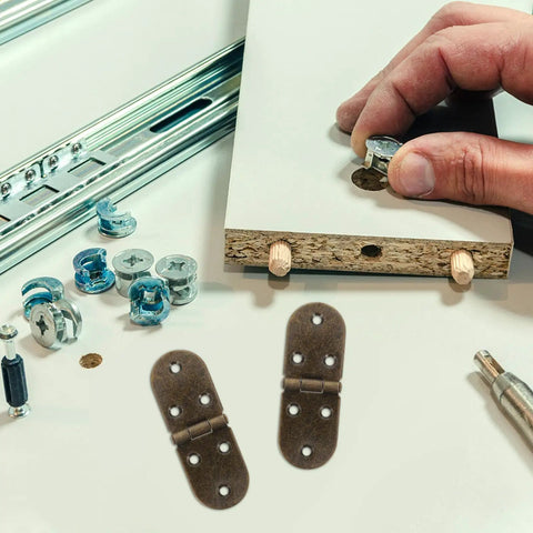 Hand assembling wood panel with Four Pack 180 Degree Butterfly Cabinet Hinges with Round Edges Spring Loaded Folding Desk Flap Hinges