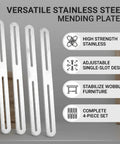4 Pack Adjustable Flat Mending Plates With Single Slot Stainless Steel Repair Brackets For Wood Furniture Slotted Straight Brace Connectors Heavy Duty Silver displayed with features.