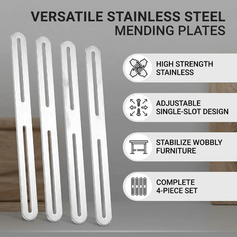 4 Pack Adjustable Flat Mending Plates With Single Slot Stainless Steel Repair Brackets For Wood Furniture Slotted Straight Brace Connectors Heavy Duty Silver displayed with features.