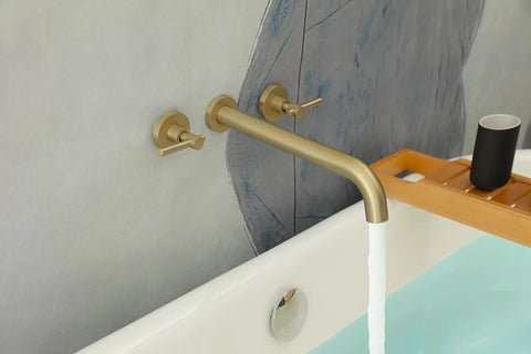 Wall Mount Tub Filler With Two Handles Bathtub Faucet, Extra Long 11 Inch Spout Reach, High Flow Water, Gold Brushed Finish