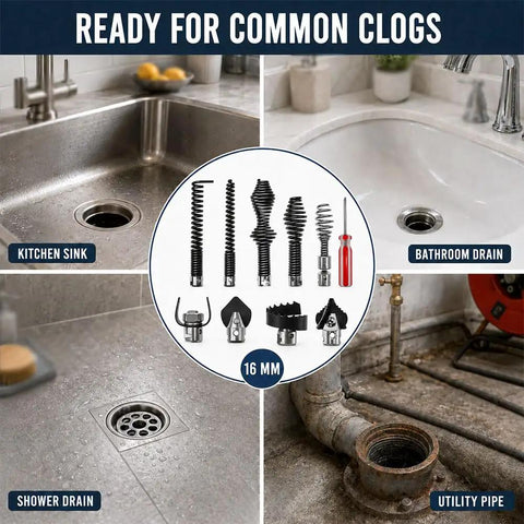 Image of Ten Piece Drain Cleaner Head Set For Sewer Auger Replacements showing various clog-removing heads in a circular layout.