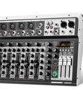 Close-up of the Six Channel Bluetooth Audio Mixer with USB Playback, 16Bit DSP Reverb, 48V Phantom Power, 3Band EQ, BuiltIn Echo