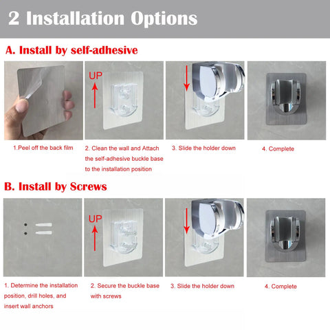 Installation instructions for Heavy Duty Shower Head Holder With Tough As Nails Adhesive, showing adhesive and screw methods.