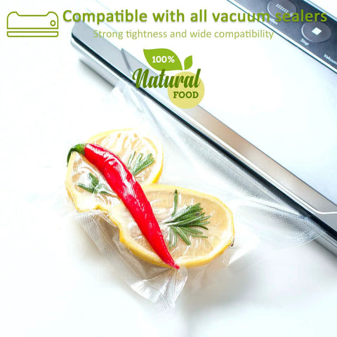 Heavy Duty Vacuum Sealer Bags Set Featuring Two Handy Sizes 11x20 And 8x20 Inches used to seal lemon slices and chili pepper