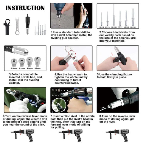 Professional Rivet Gun Adapter Kit With Flex Head And 210 Pcs Assorted M3 M4 M5 Aluminum Pop Rivets Includes Wrench And Clamping Fixture For Bulldog Tough Sheetmetal And Industrial Ductwork Projects instruction steps for use and assembly