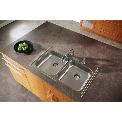 Sturdy Stainless Steel Kitchen Sink With Equal Size Double Bowls For Drop In Installation 33 Inch By 21 And One Quarter Inch Opening