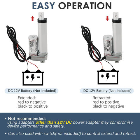 Diagram showing operation of Beefy 12V Heavy Duty Electric Stroke Linear Actuator with 900N capacity and wiring instructions.