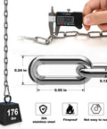 One Eighth Inch Stainless Steel Link Chain Heavy Duty Coil Chain With Carabiners Two Pack 6.5 Ft Each 304 Stainless Steel Safety Chains For Swing Sets Fences Dogs Plants Anti Theft Anchor Or Towing being measured with a caliper and weight specification.