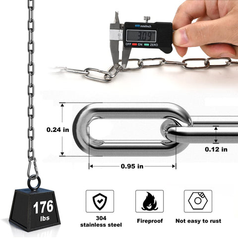 One Eighth Inch Stainless Steel Link Chain Heavy Duty Coil Chain With Carabiners Two Pack 6.5 Ft Each 304 Stainless Steel Safety Chains For Swing Sets Fences Dogs Plants Anti Theft Anchor Or Towing being measured with a caliper and weight specification.