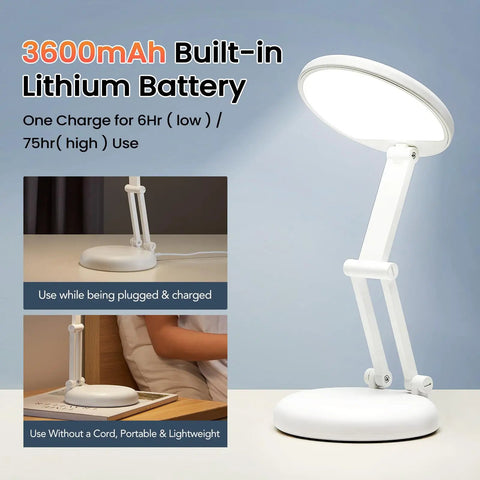 Cordless Desk Lamp With 3600mAh Rechargeable Battery shown with adjustable stand and glowing light, ideal for bedside or office use