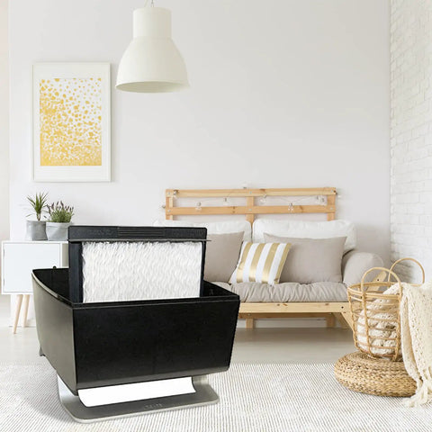 Essick Air Humidifier Wick Filter Replacement Twin Pack fits 8.5x9x1.5 inch humidifiers displayed in a modern living room