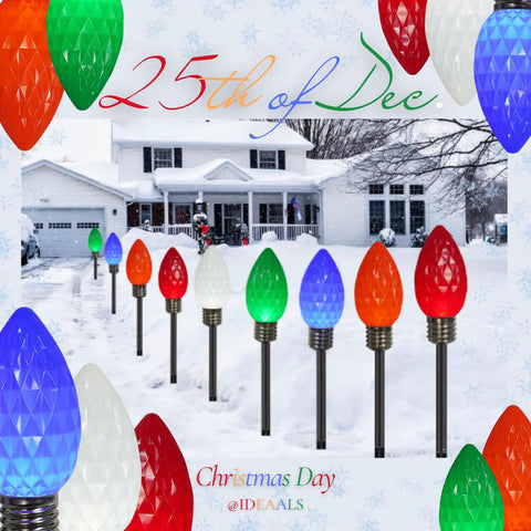 Festive outdoor lights in snow with colorful LED bulbs leading up to a white house decorated for Christmas, dated 25th Dec.