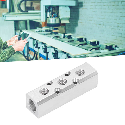Aluminum Pneumatic Manifold Block With Quick Connect Air Couplers For Factory Use, G1 Half Inlet To G1 Quarter Outlet, 30x30mm