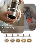 Hand adjusting Rechargeable Electric Salt And Pepper Grinder Set With LED Display, showing 5 grind levels and ceramic design.