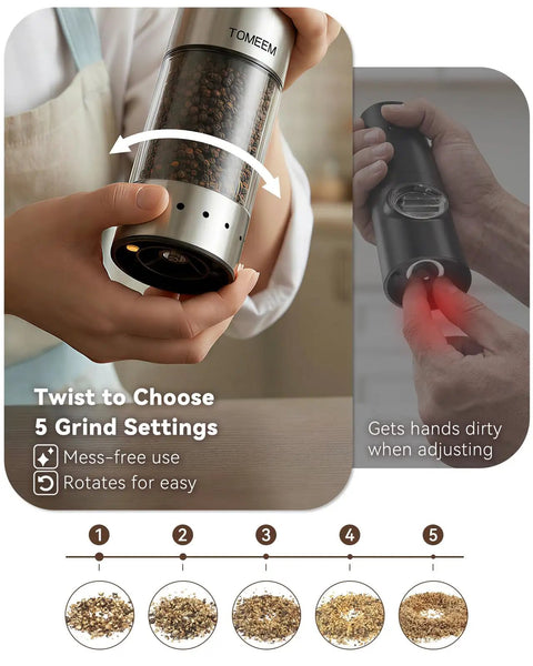 Hand adjusting Rechargeable Electric Salt And Pepper Grinder Set With LED Display, showing 5 grind levels and ceramic design.