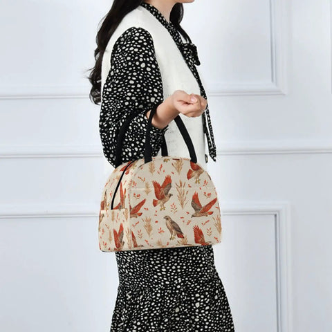 Insulated Lunch Tote Bag With 7 Liter Capacity For Work Travel And Outdoor Eats with red-tailed hawk design being held