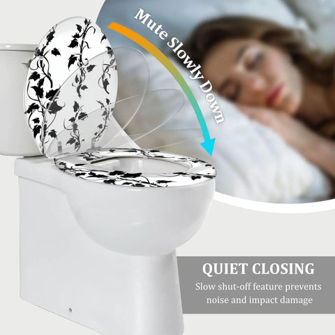 Toilet Seat Round Resin for Bathroom with floral design, 14.5" x 16.5", features quiet closing on standard toilet.