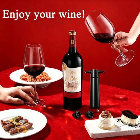 Keep Wine Fresh Up To 7 Days With This Reusable Vacuum Pump And Four Stopper Set on red table with wine and desserts