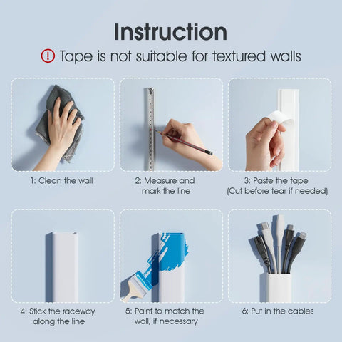 Peel And Stick Paintable Cable Raceway Kit 3 Pack Tucks Away Hdmi And Ethernet Cords Outta Sight On Drywall Surface For A Seriously Clean Home Theater Setup, installation steps with hands measuring, cleaning, and applying.