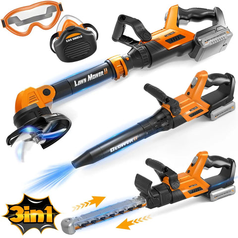 3-In-1 Kids Garden Tools With Lights And Sounds Weed Wacker Toy Leaf Blower Toy And Hedge Trimmer For Realistic Outdoor Pretend Play Must-Have Gift For Boys And Girls Aged 3 Through 8 For Christmas Or Birthday, featuring lawn mower, blower, and trimmer with protective goggles and gas shield.