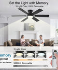 Low Profile 52 Inch Ceiling Fan With Light And Remote App Control shown in a living room, dimmable LED, 3CCT lighting options
