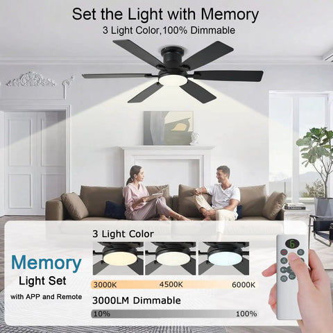 Low Profile 52 Inch Ceiling Fan With Light And Remote App Control shown in a living room, dimmable LED, 3CCT lighting options