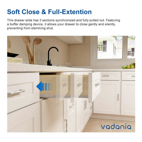 Undermount Drawer Slide 22 Inch, True Bottom Mount, Heavy Duty Concealed Hardware With Soft Close, Quiet Self Close in white kitchen cabinet