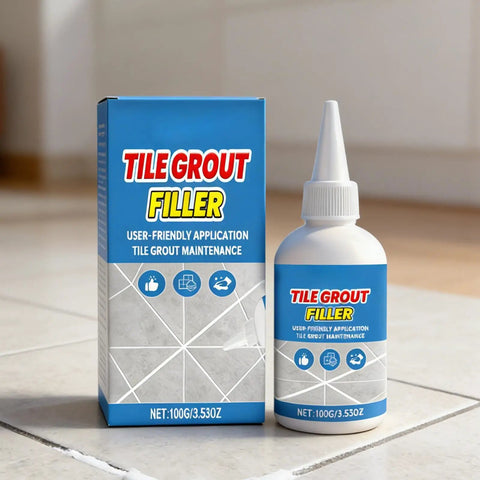 Tile Grout Filler 100g bottle and box on tiled floor for Fix Ceramic Gaps Fast With Heavy Duty Tile Filler Cream, 100g Waterproof Quick Dry Paste For Walls, Floors, Bathrooms, Kitchens, Living Rooms, Renovations, No Mess, Long Lasting Finish