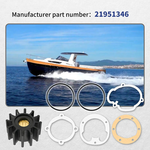 Water Pump Impeller 2-1/4 Inch For Volvo Penta Johnson And Sierra Marine Engines 21951346, boat at sea, marine parts shown