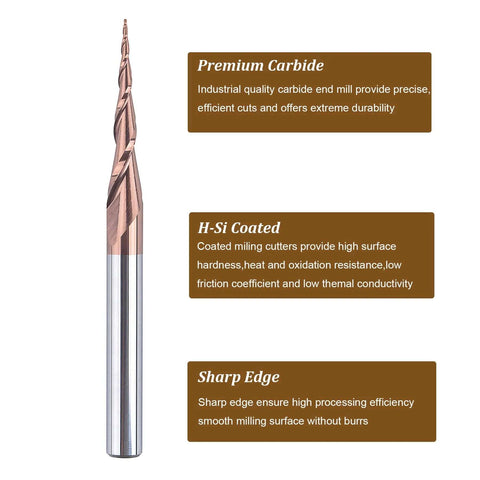 SpeTool tapered ball nose end mill bit with copper-coated flutes and silver shank for CNC engraving, front view