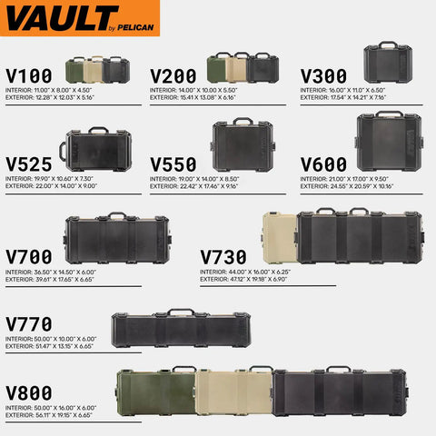 Vault V100 Tough As Nails Multi Purpose Hard Case With Foam in OD Green and other model sizes displayed on a comparison chart.