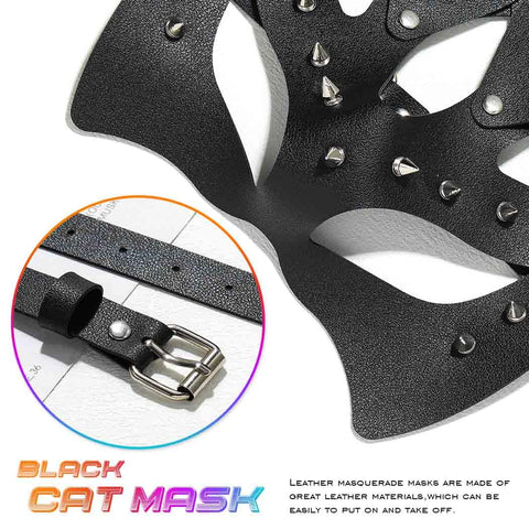 Close-up of Premium Black Leather Rivet Cat Masquerade Mask Featuring Adjustable Back Buckle with spikes and strap detail.